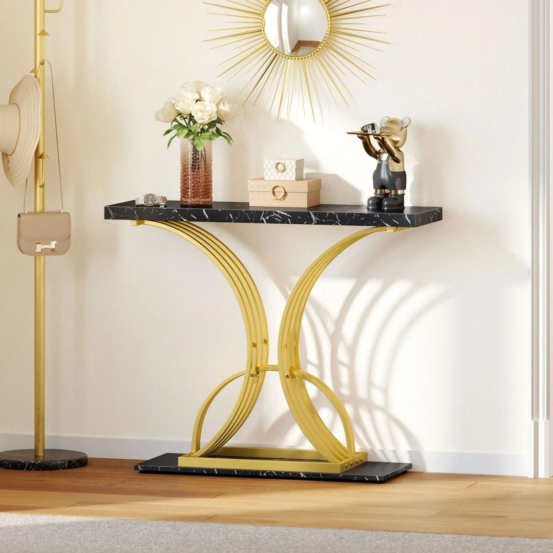 ZenVora Modern Gold Console Table with Marbled Top, Sofa Table for Entryway and Hallway