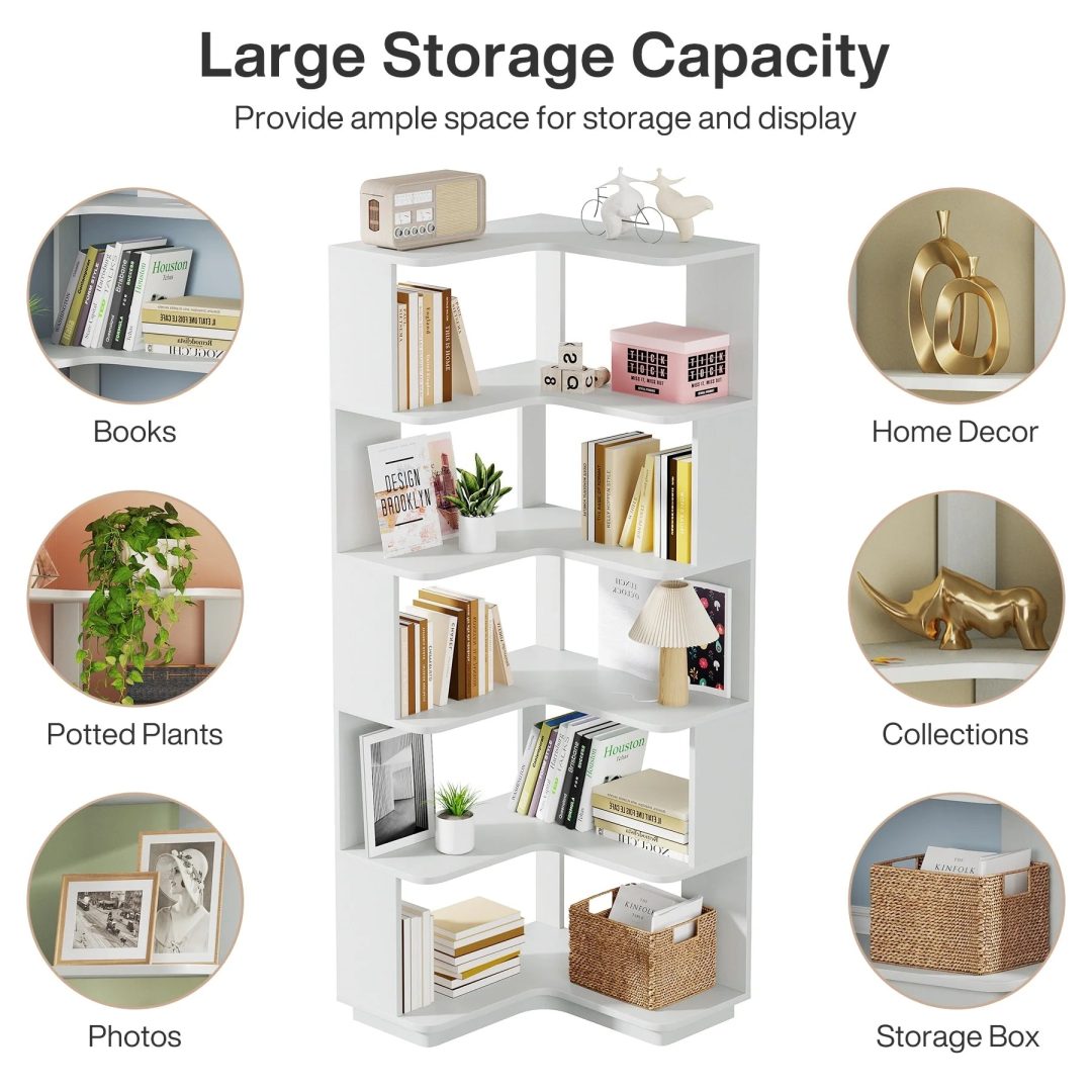 ZenVora 64.9 Inch Tall 6-Tier Corner Bookshelf, Freestanding Wood Industrial Bookcase