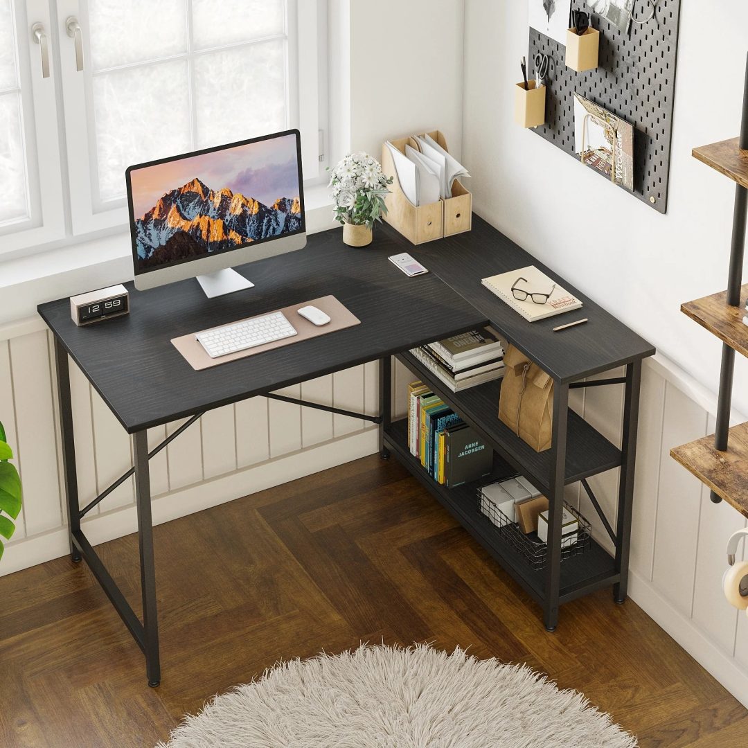 ZenVora Small L Shaped Computer Desk with Storage Shelves, Compact Corner Workstation for Home Office and Study