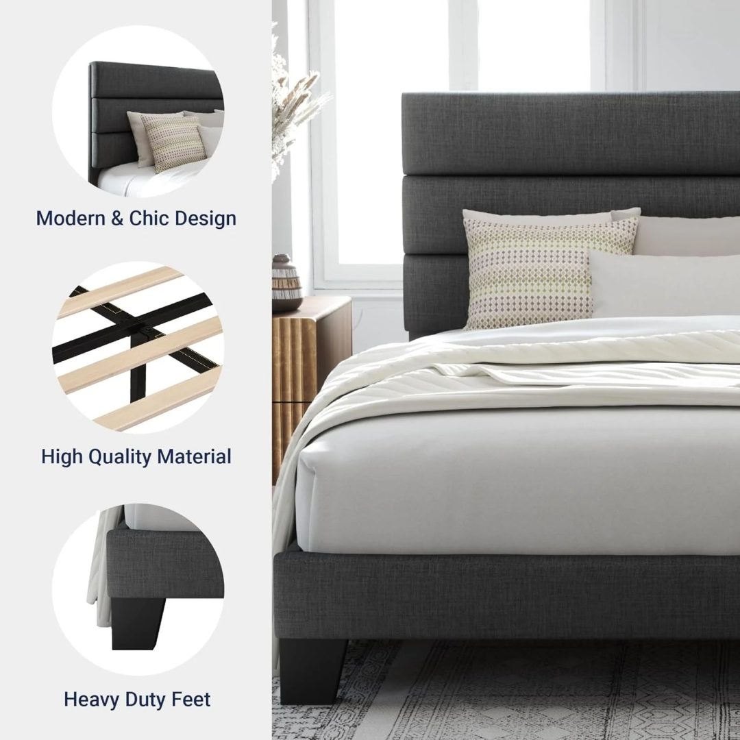 ZenVora Queen Size Upholstered Platform Bed Frame, Dark Gray Fabric Bed with Headboard for Bedroom