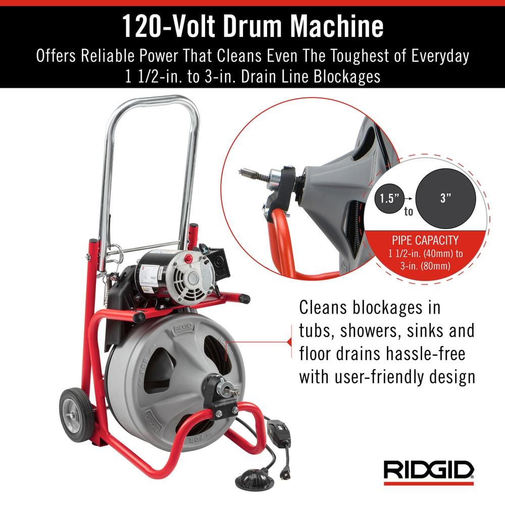 ZenVora 120V Drum Drain Cleaning Snake Auger with 3/8-In. x 75-Ft. Cable, 4-Piece Tool Set and Gloves