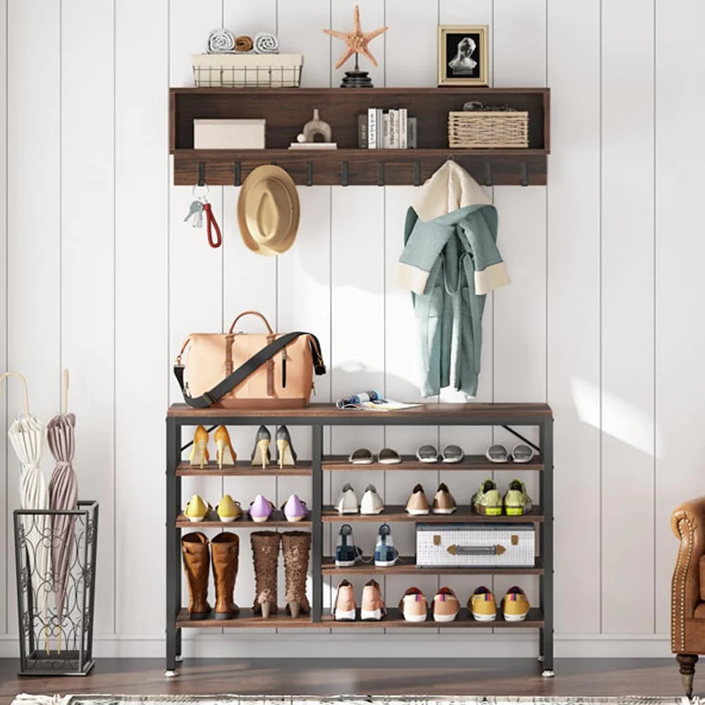 ZenVora Entryway Coat Rack and Shoe Bench Set, Industrial Hall Tree with Coat and Shoe Storage