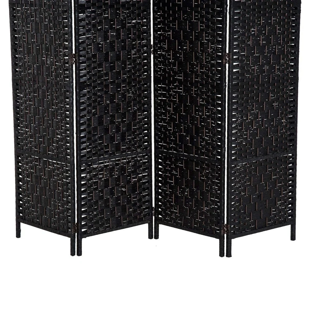 ZenVora 6 Ft Tall Four-Panel Wicker Weave Room Divider, Black Wood Privacy Screen