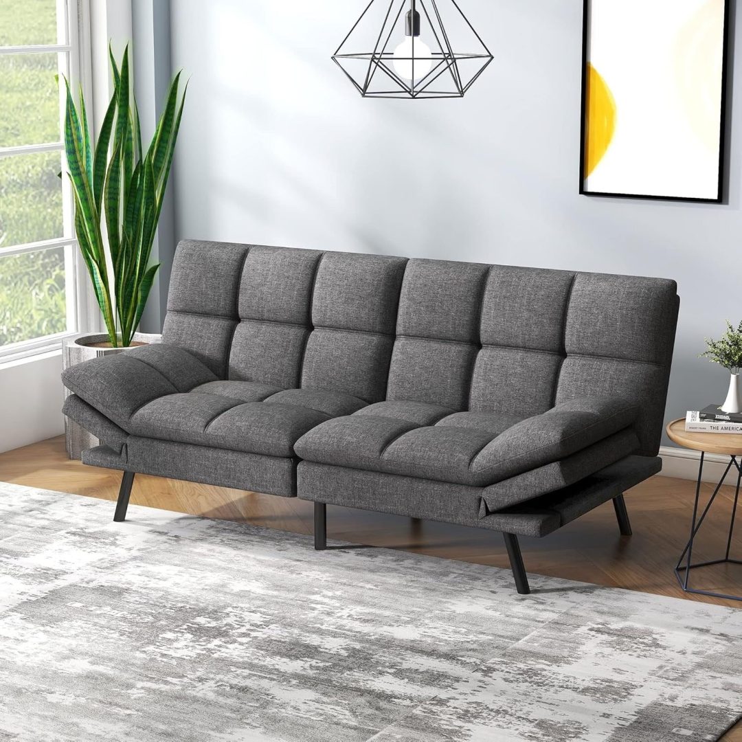 ZenVora Convertible Futon Sofa Bed with Memory Foam, Foldable Loveseat Sleeper with Adjustable Armrests