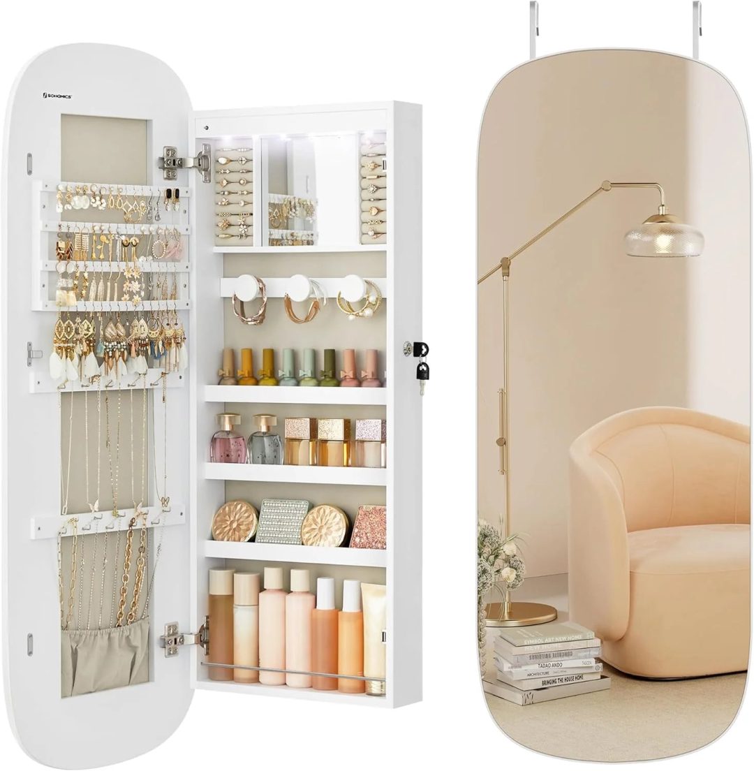 ZenVora LED Jewelry Organizer Cabinet, Wall or Door Mounted Jewelry Storage Mirror with LED Lights