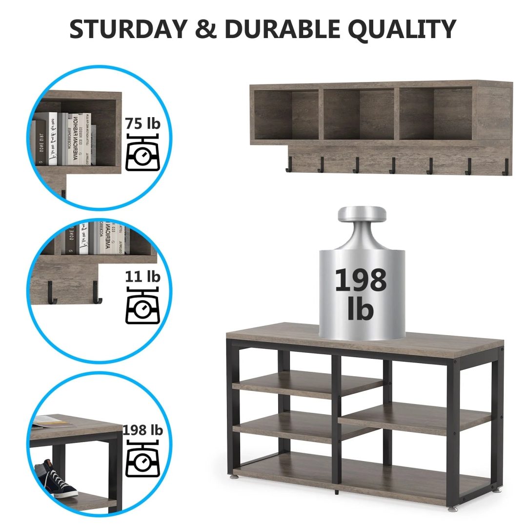 ZenVora Entryway Coat Rack and Shoe Bench Set, Industrial Hall Tree with Coat and Shoe Storage
