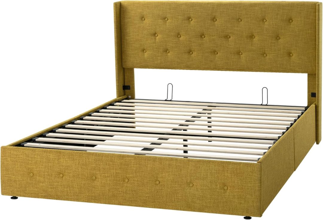 ZenVora Queen Size Lift Up Storage Bed with Wingback Headboard, Upholstered Platform Bed Frame with Hidden Storage