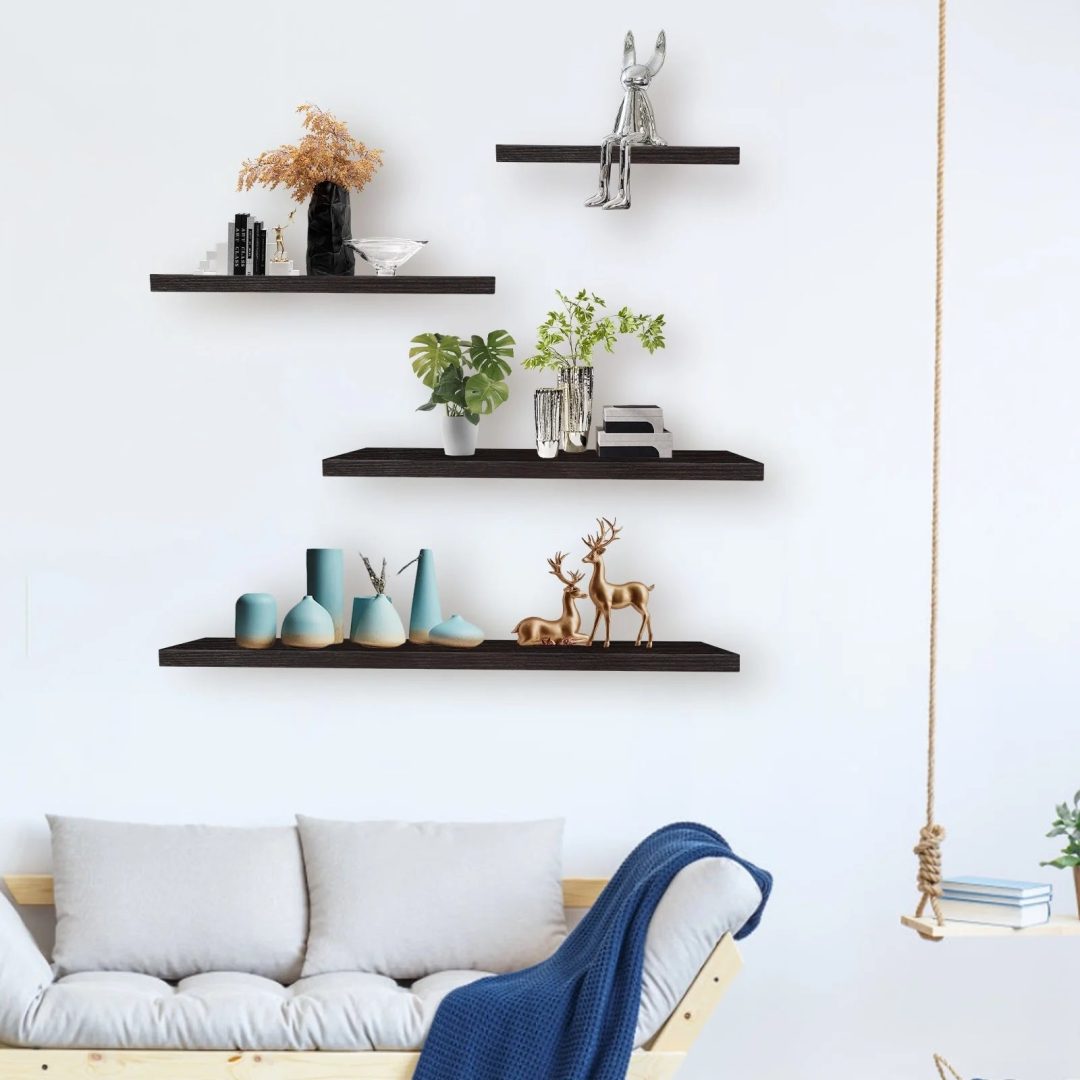 ZenVora 4-Piece Wood Floating Wall Shelves, White and Black Storage Shelf Set for Home Decor