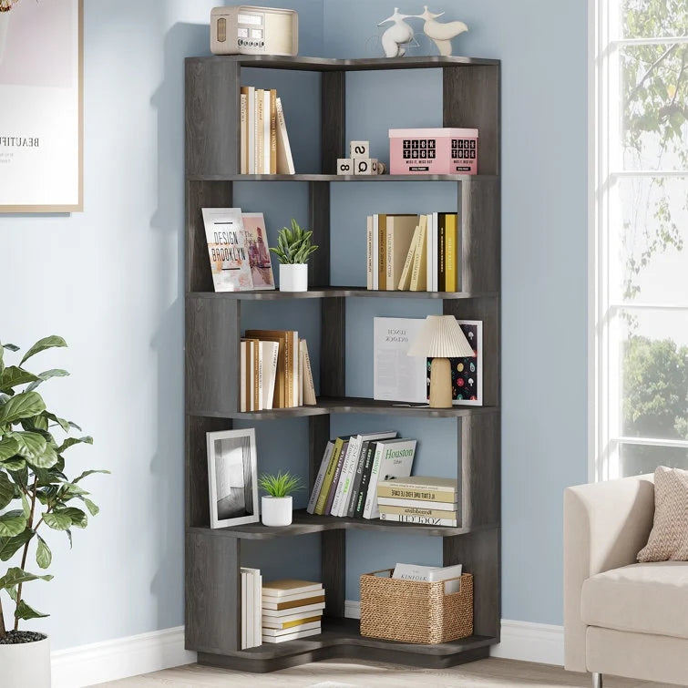 ZenVora 64.9 Inch Tall 6-Tier Corner Bookshelf, Freestanding Wood Industrial Bookcase