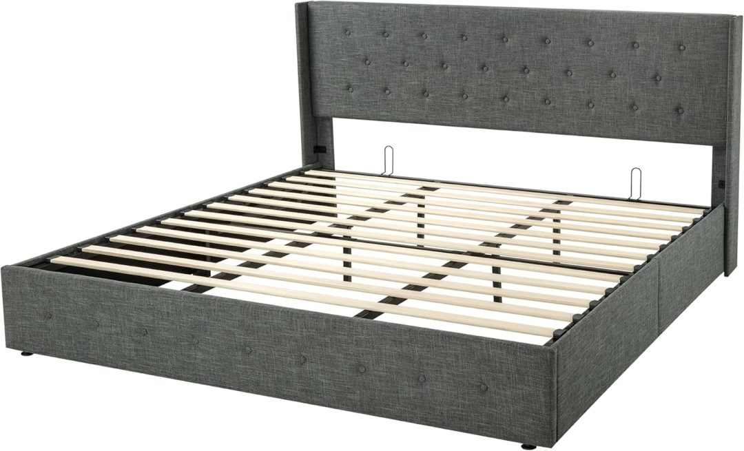 ZenVora Queen Size Lift Up Storage Bed with Wingback Headboard, Upholstered Platform Bed Frame with Hidden Storage