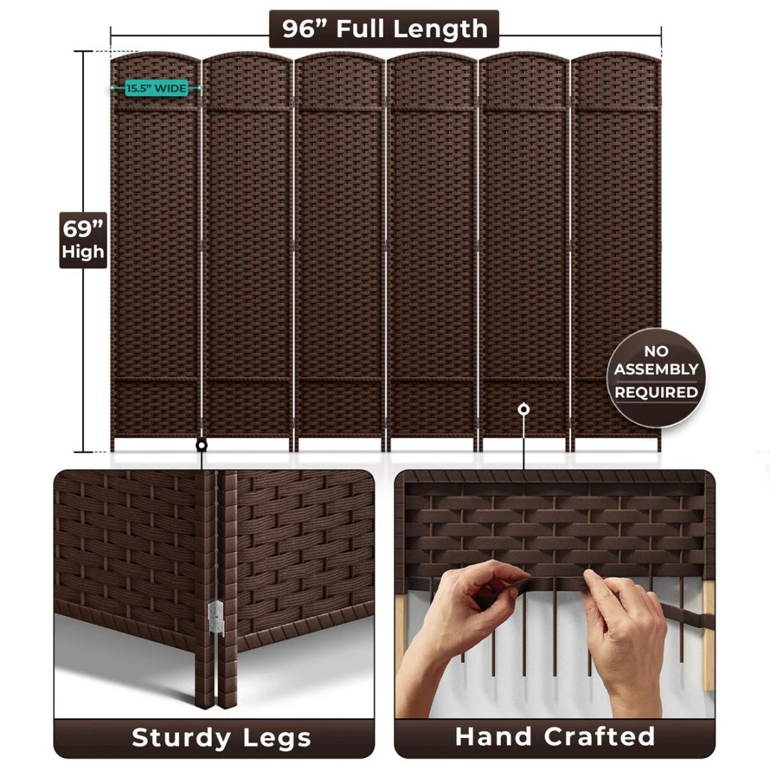 ZenVora 6 Panel Room Divider, 6ft Tall Extra Wide Folding Privacy Screen with Hand-Woven Mesh Panels