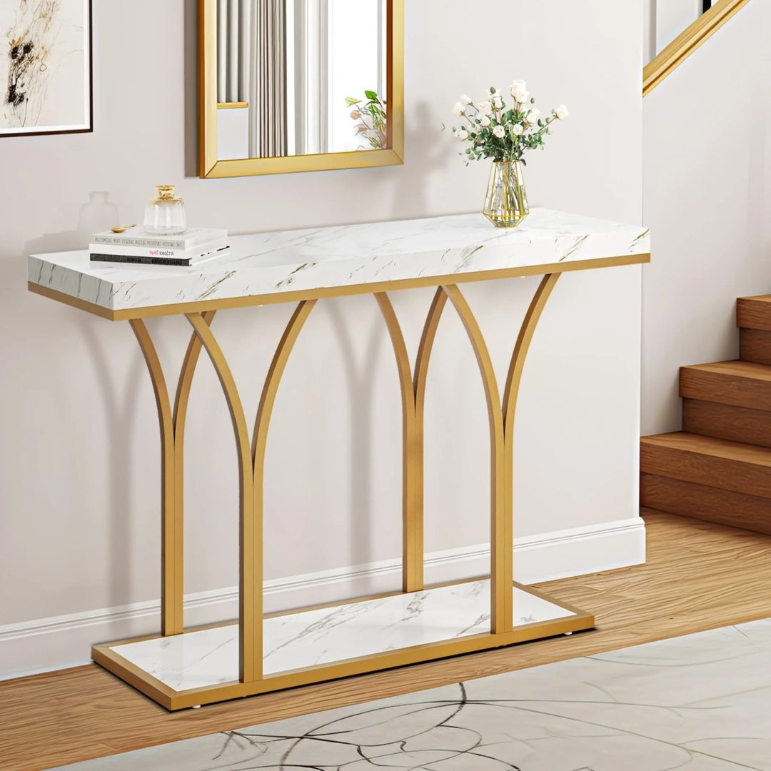 ZenVora Modern Gold Console Table with Marbled Top, Sofa Table for Entryway and Hallway