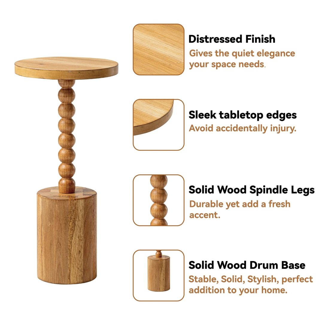 ZenVora Wood Pedestal End Table, Round Martini Drink Table for Small Spaces, Living Room and Bedroom