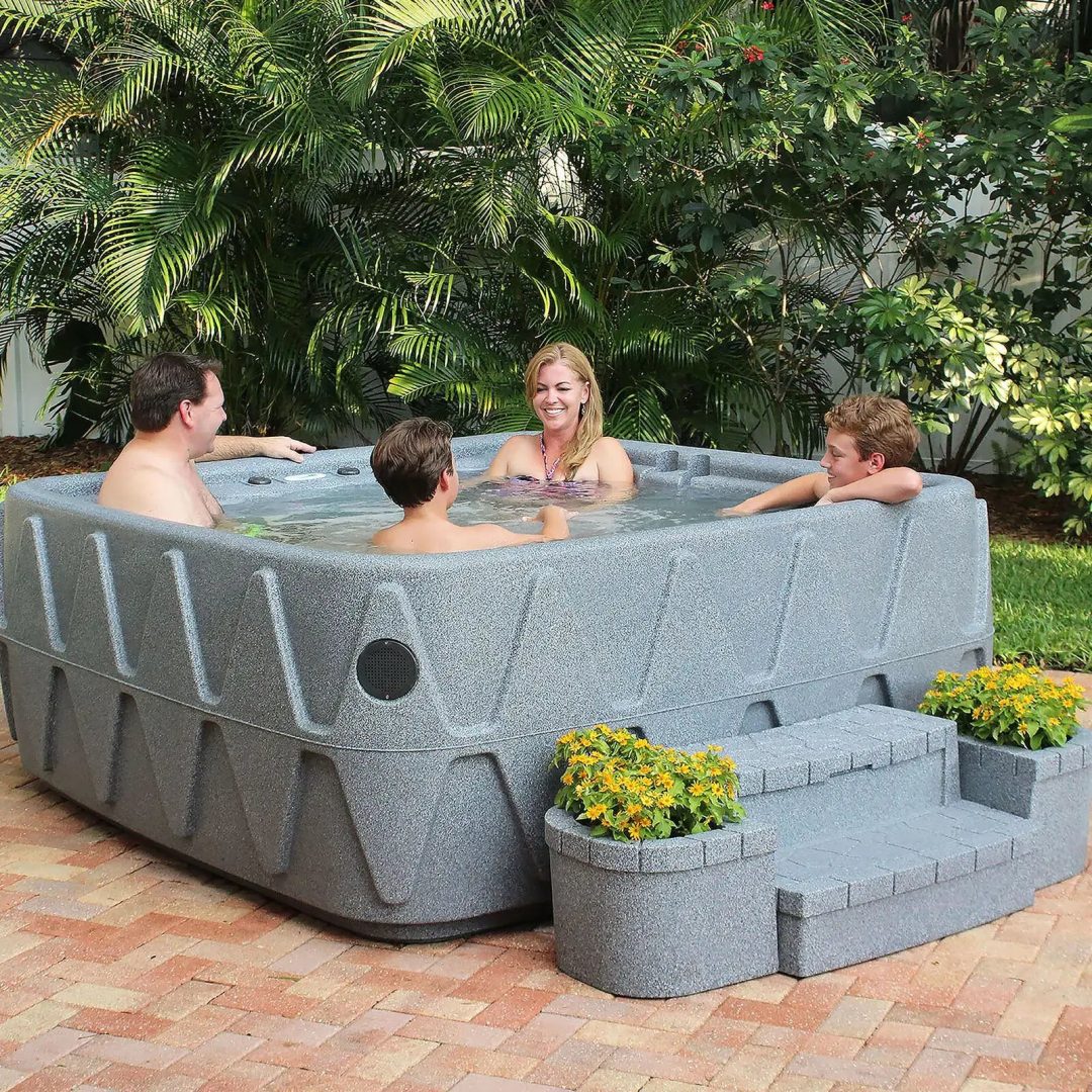 ZenVora 4-Person Square Plug-and-Play Hot Tub with Ozonator – 20 Stainless Steel Jets, LED Waterfall, 110V