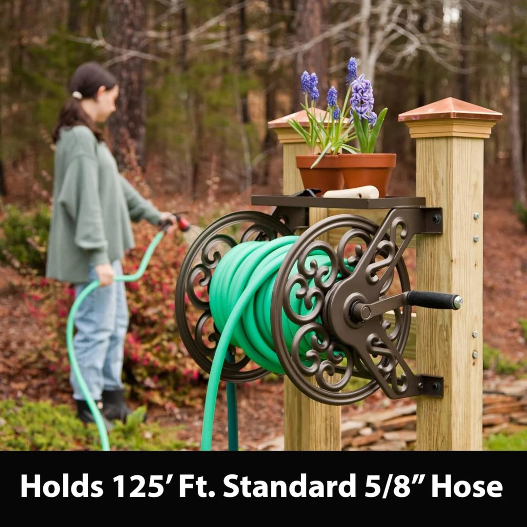 ZenVora Steel Decorative Wall Mount Garden Hose Reel, Outdoor Garden Hose Storage Holder for Patio and Yard