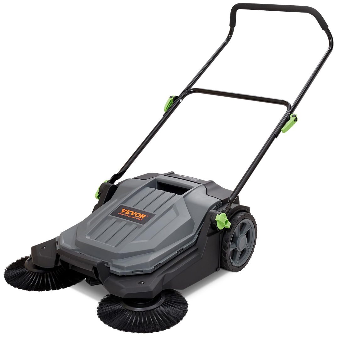 ZenVora Walk-Behind Hand Push Floor Sweeper, 5-Gallon Waste Container, Manual Outdoor Sweeping Machine