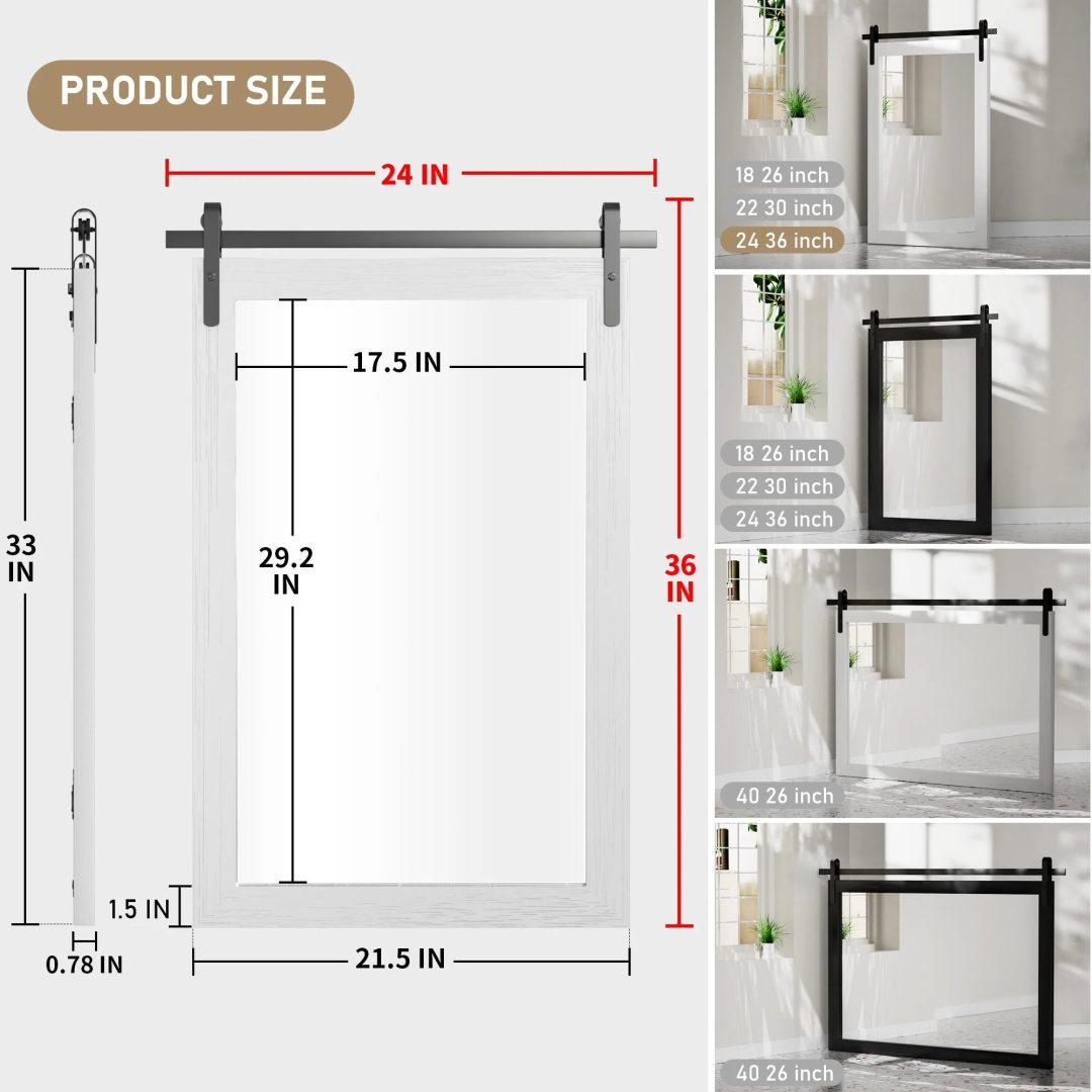 ZenVora Modern Rectangular Wall Mirror with Wood Frame, Bathroom and Barn Door Mirror, Multiple Sizes