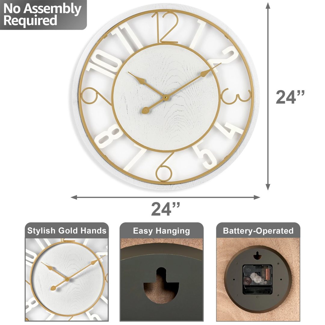 ZenVora 24 Inch Round Wooden Wall Clock, Modern Analog Clock with Numeral Design, Battery Operated