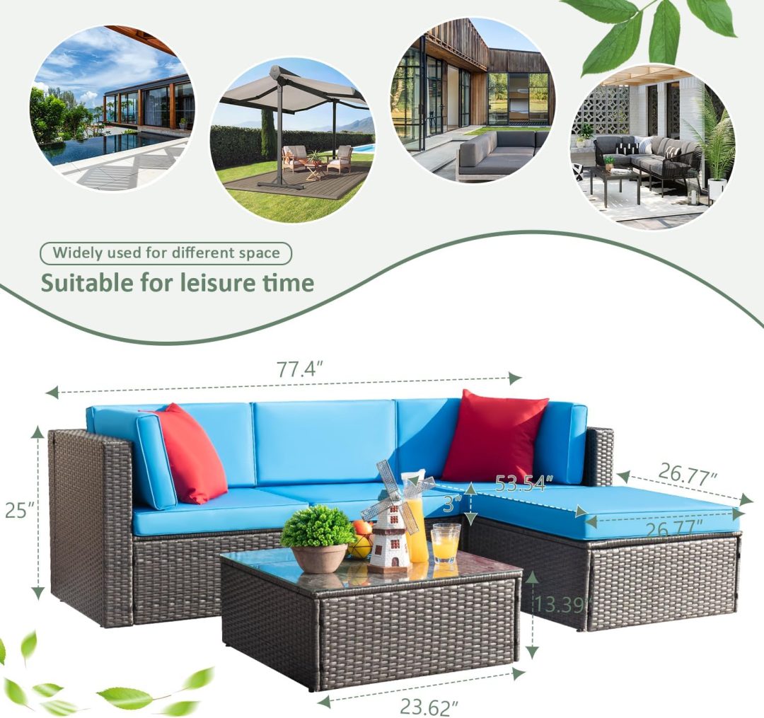 ZenVora 5-Piece All-Weather Patio Furniture Set with Cushions, Outdoor Wicker Conversation Sofa Set for Garden, Deck & Backyard