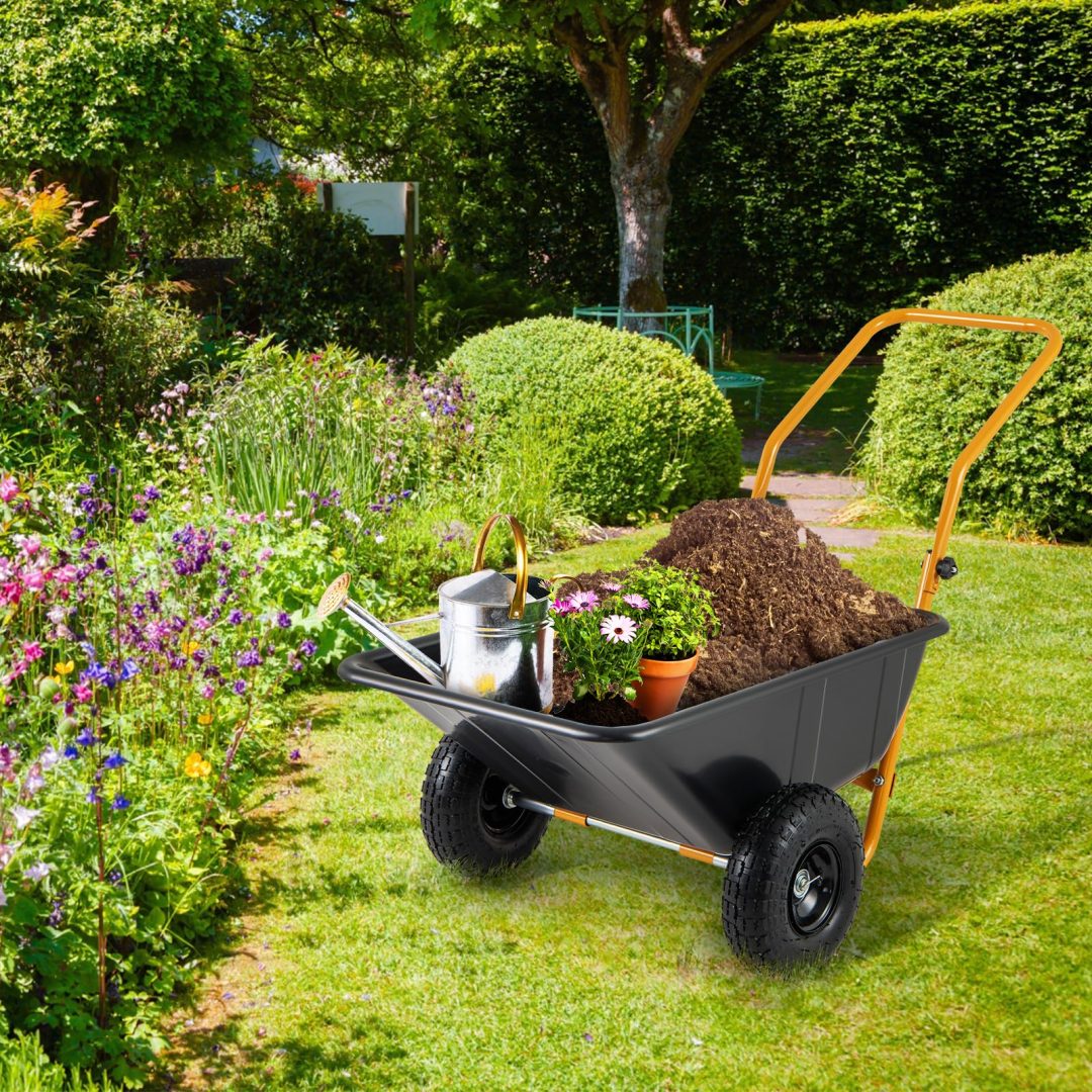 ZenVora Dual-Wheel Wheelbarrow – Heavy-Duty Garden Cart with Pneumatic Tires, 330LBS Capacity