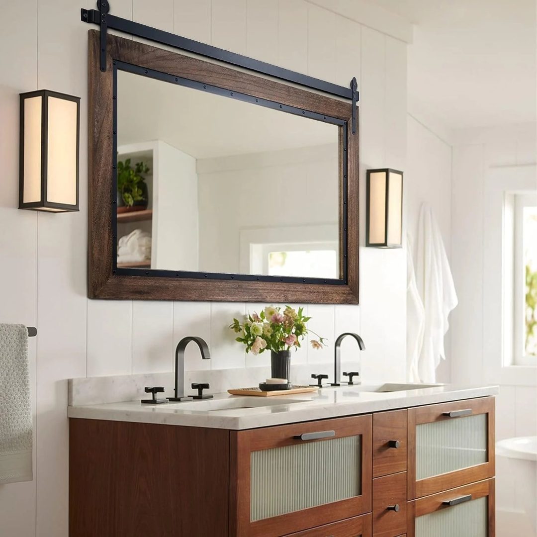 ZenVora Farmhouse Barn Door Style Bathroom Vanity Mirror, Natural Wood Wall Mirror for Bathroom, Bedroom and Entryway