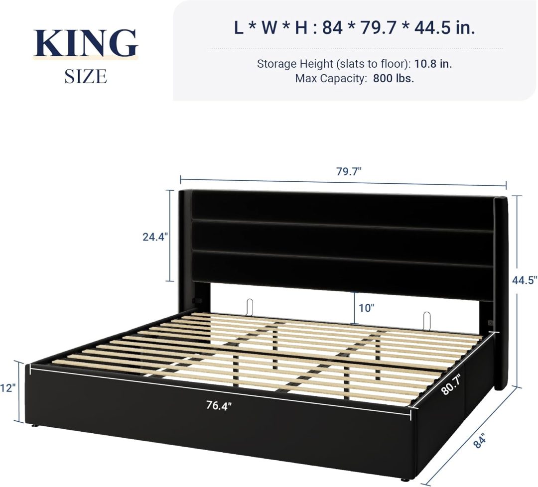 ZenVora Queen Size Lift Up Storage Bed with Wingback Headboard, Upholstered Platform Bed Frame with Hidden Storage