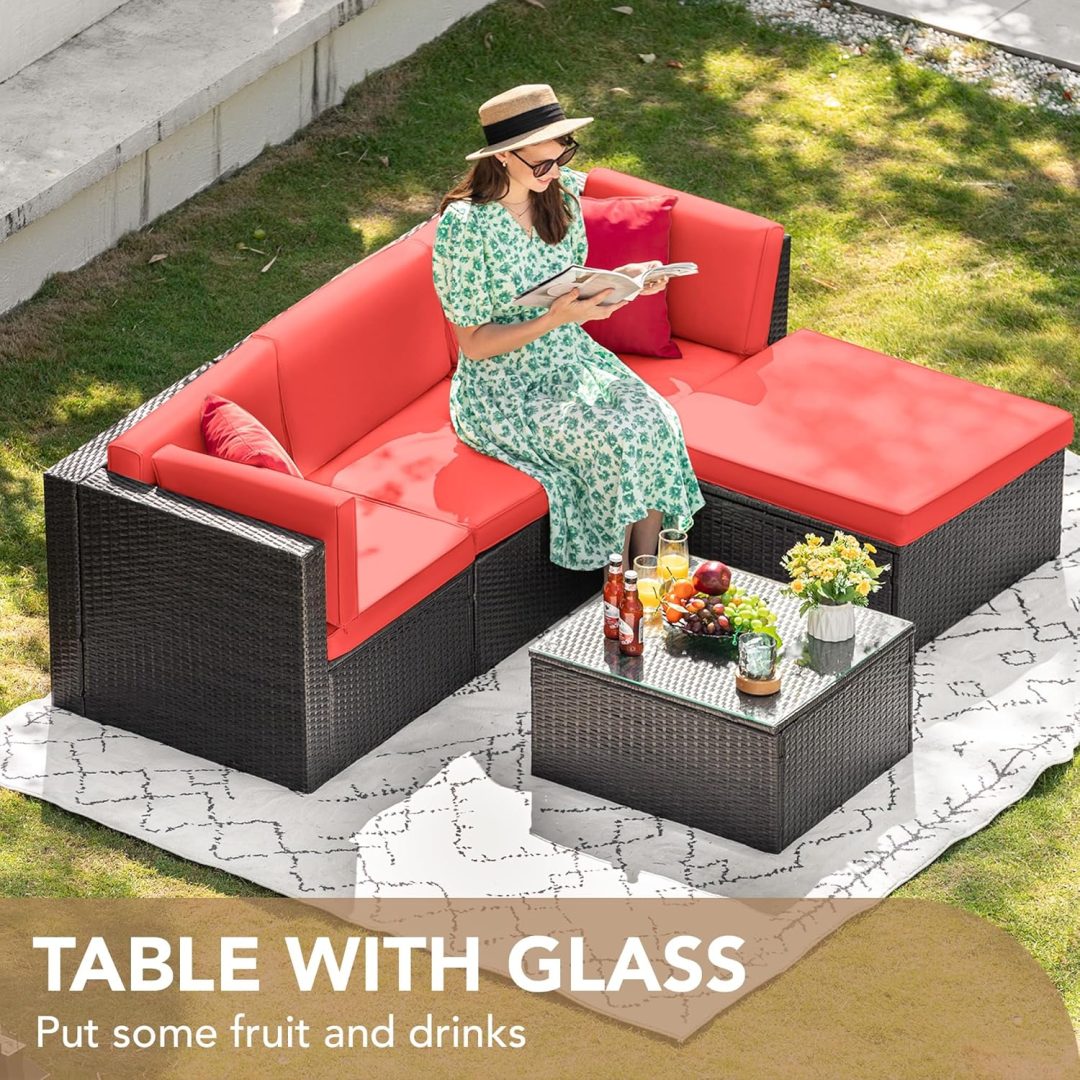ZenVora 5-Piece All-Weather Patio Furniture Set with Cushions, Outdoor Wicker Conversation Sofa Set for Garden, Deck & Backyard