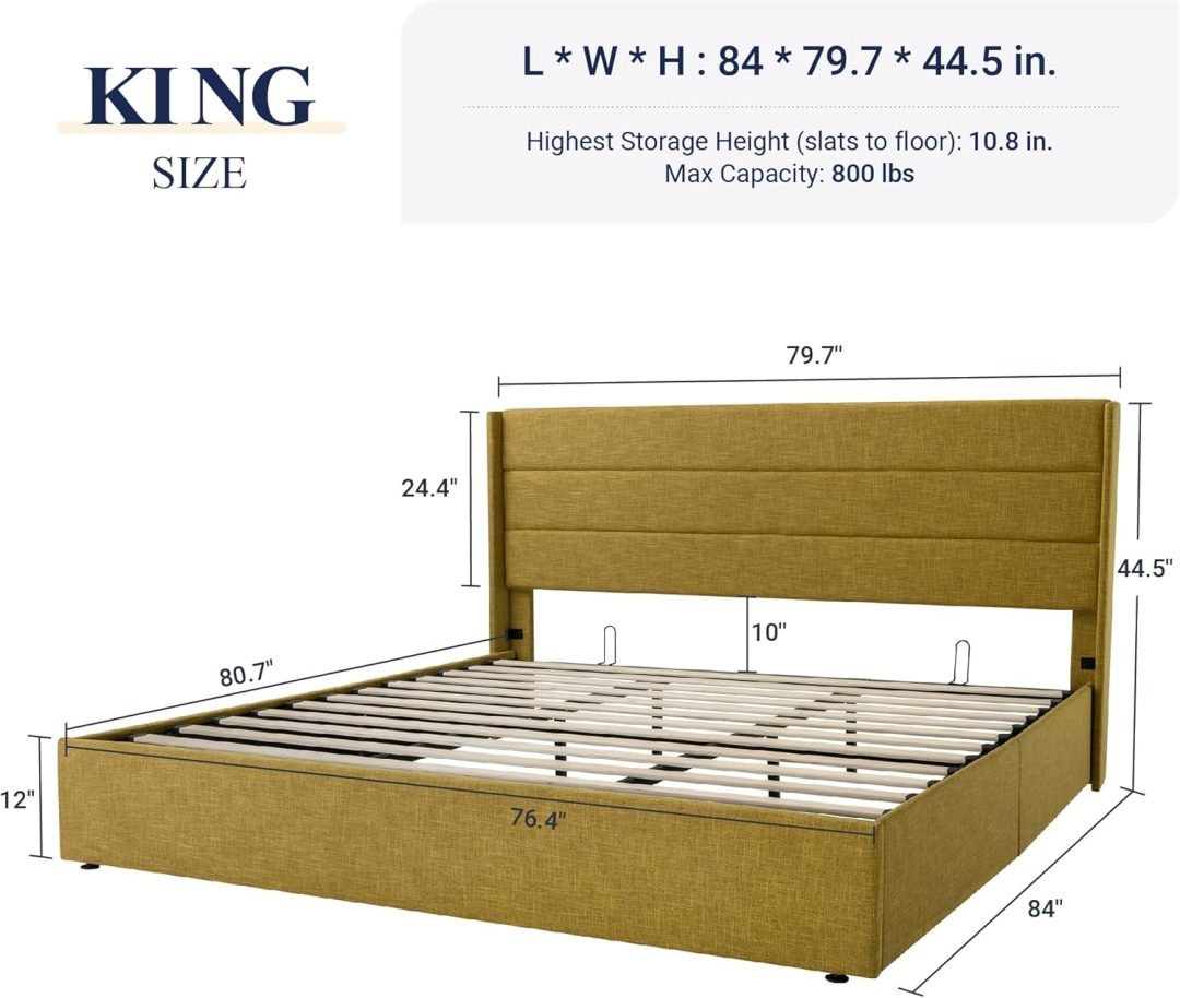 ZenVora Queen Size Lift Up Storage Bed with Wingback Headboard, Upholstered Platform Bed Frame with Hidden Storage
