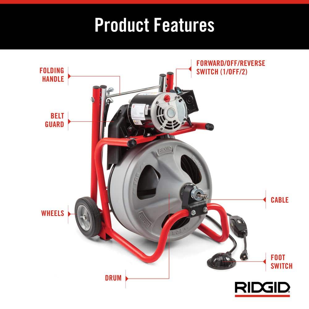 ZenVora 120V Drum Drain Cleaning Snake Auger with 3/8-In. x 75-Ft. Cable, 4-Piece Tool Set and Gloves