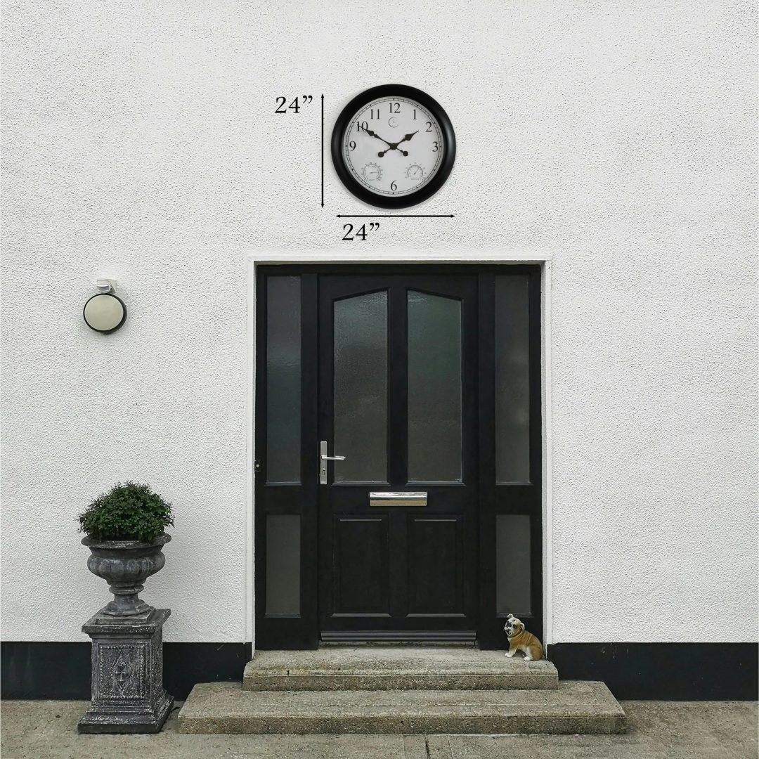 Large Outdoor Wall Clock with Thermometer, Waterproof Silent Garden Weather Station, Black