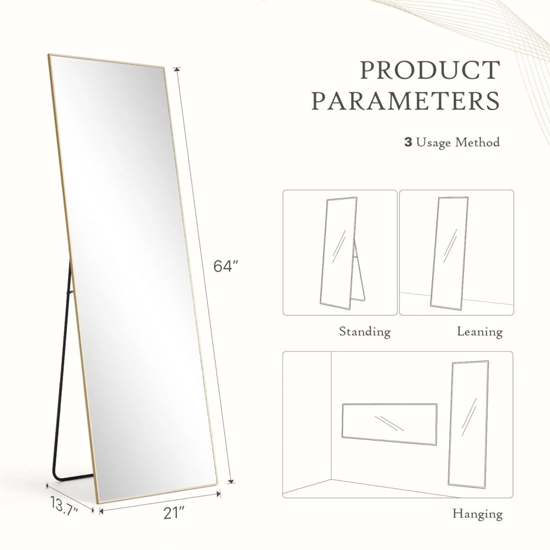ZenVora Full Length Mirror with Stand, Aluminum Alloy Frame Full Body Floor Mirror for Bedroom and Cloakroom