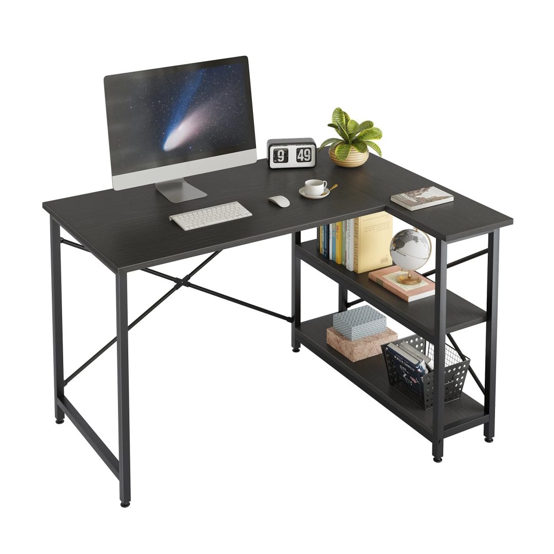 ZenVora Small L Shaped Computer Desk with Storage Shelves, Compact Corner Workstation for Home Office and Study