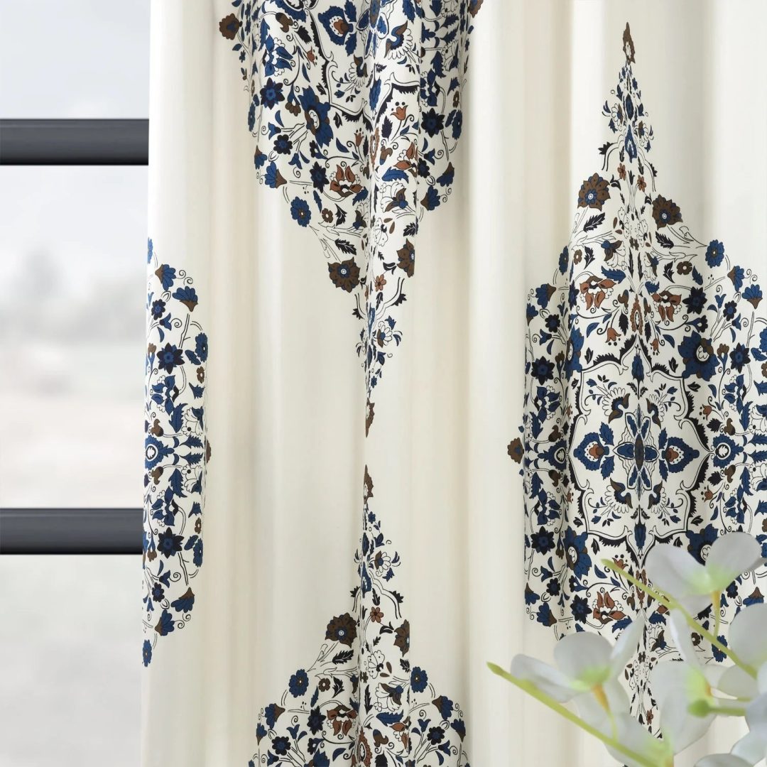 Medallion Damask Printed Cotton Room Darkening Curtain Panel, 1 Piece