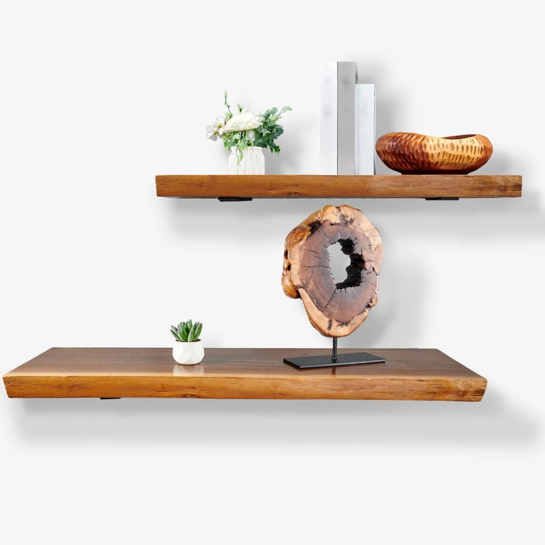 ZenVora 1 Piece Teak Wood Wall Shelf with Live Edge, Rustic Floating Shelf for Home Decor