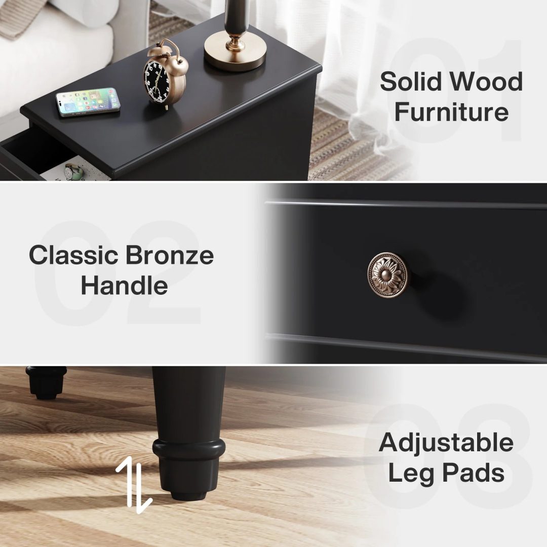 ZenVora Fully Assembled Narrow End Table, Solid Wood Side Table with 3 Drawers, Vintage Nightstand for Small Spaces