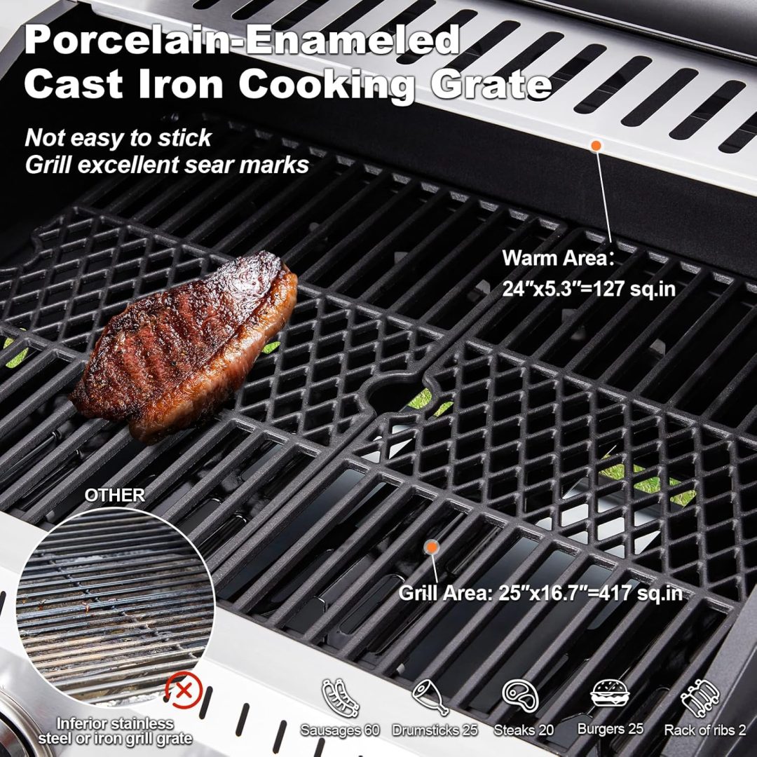 ZenVora 4-Burner Propane Gas Grill with Cast Iron Grates, Side Stove and 44,000 BTU Stainless Steel Burners