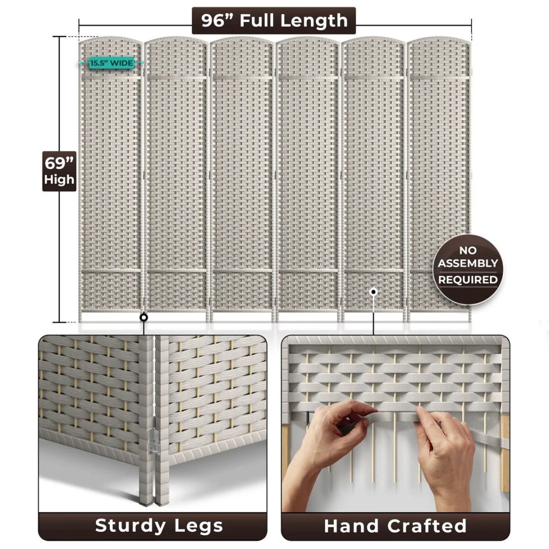 ZenVora 6 Panel Room Divider, 6ft Tall Extra Wide Folding Privacy Screen with Hand-Woven Mesh Panels