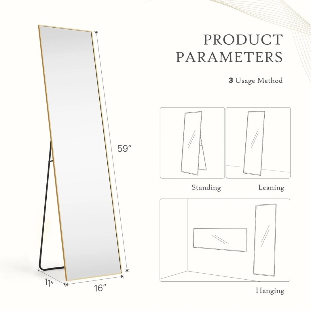 ZenVora Full Length Mirror with Stand, Aluminum Alloy Frame Full Body Floor Mirror for Bedroom and Cloakroom