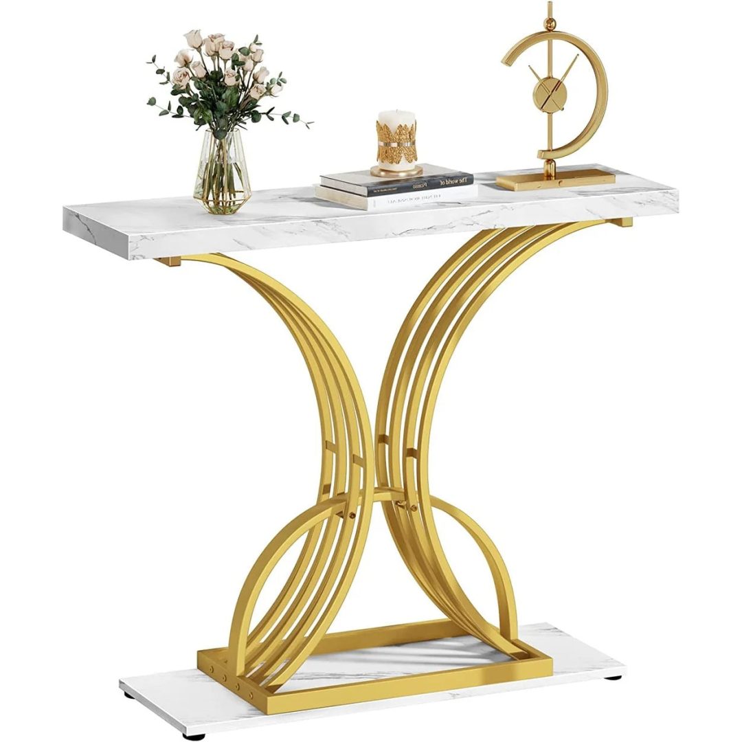 ZenVora Modern Gold Console Table with Marbled Top, Sofa Table for Entryway and Hallway