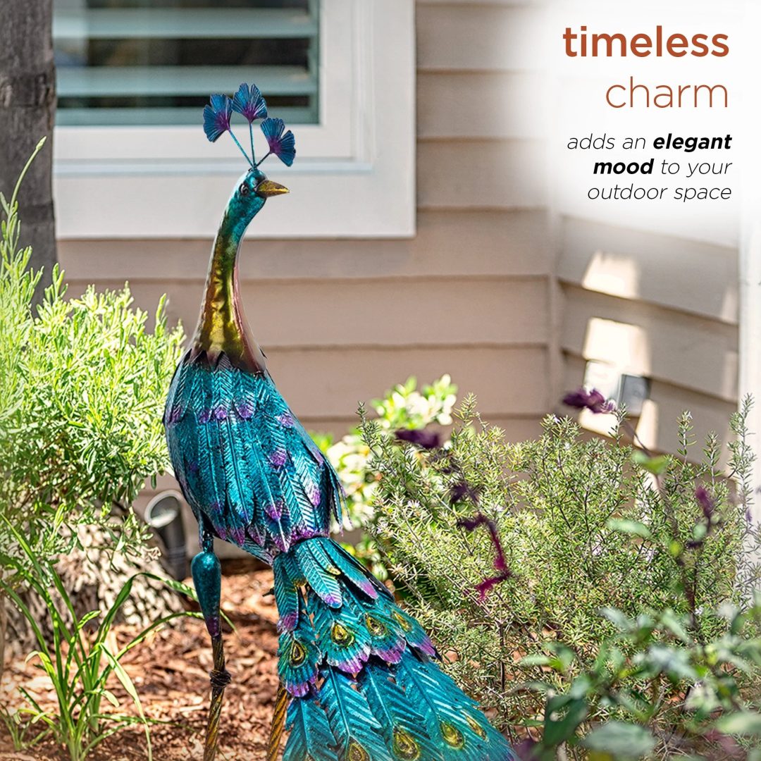 ZenVora Tall Metallic Peacock Garden Statue, Multicolor Outdoor Standing Bird Sculpture for Yard, Patio and Garden Decoration