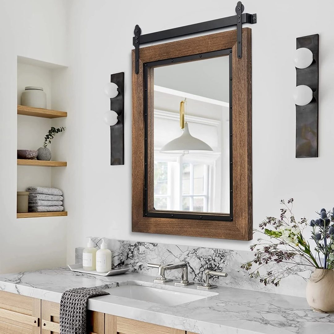 ZenVora Farmhouse Barn Door Style Bathroom Vanity Mirror, Natural Wood Wall Mirror for Bathroom, Bedroom and Entryway