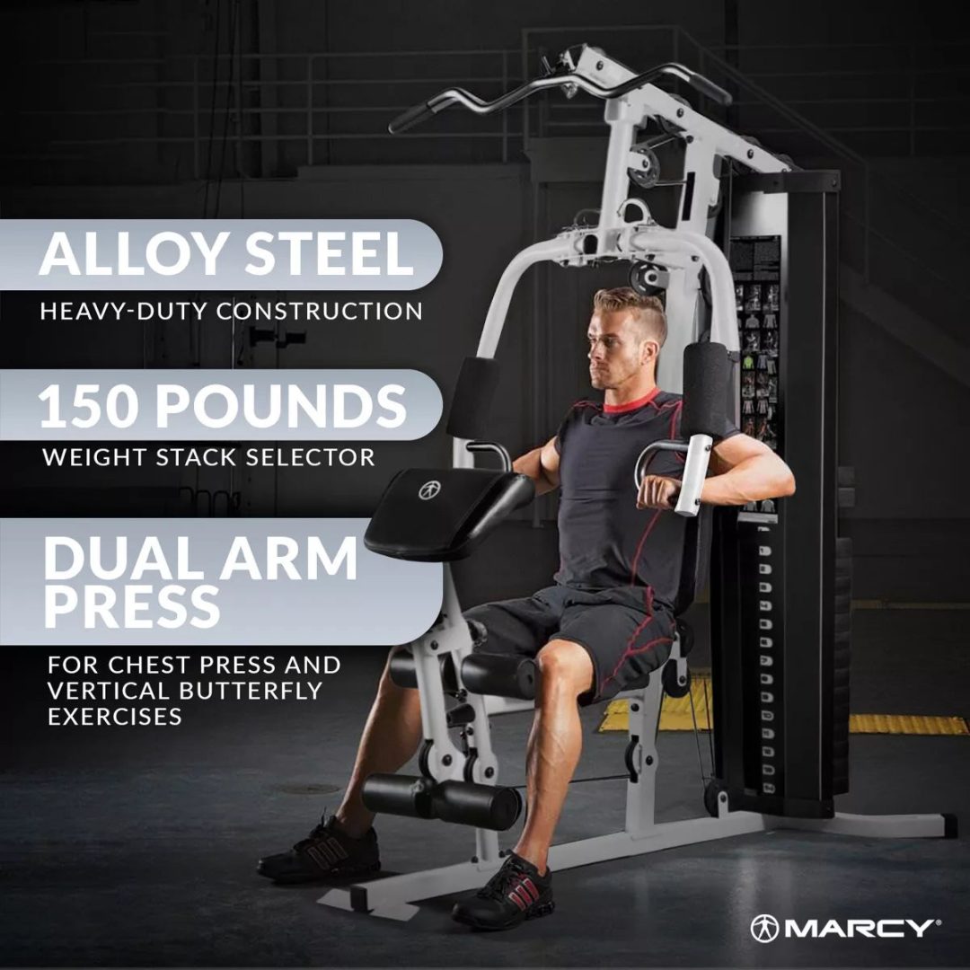 ZenVora 150-Lb. Weight Stack Home Gym with Dual-Function Arm Press and Leg Developer, Black/White