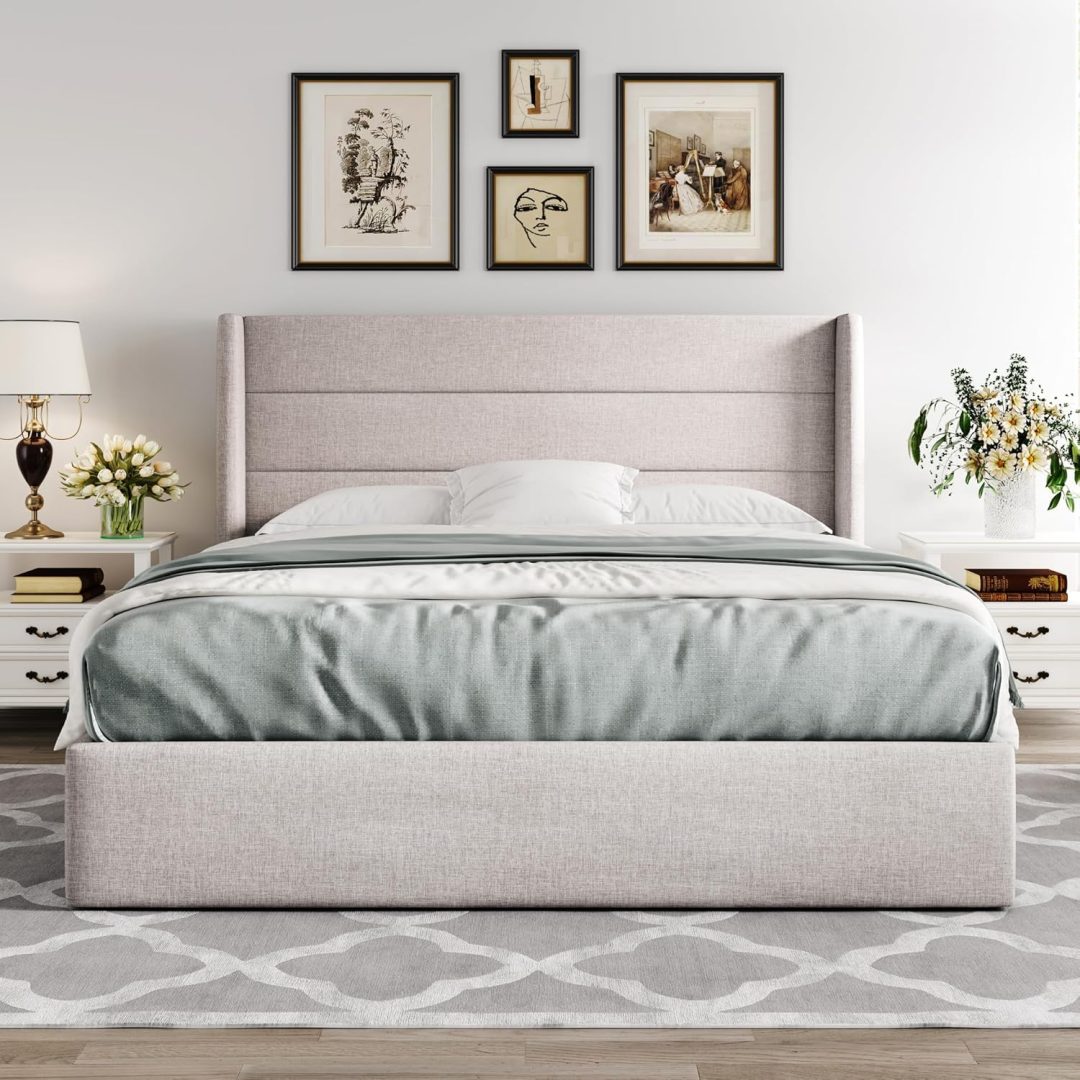ZenVora Queen Size Lift Up Storage Bed with Wingback Headboard, Upholstered Platform Bed Frame with Hidden Storage