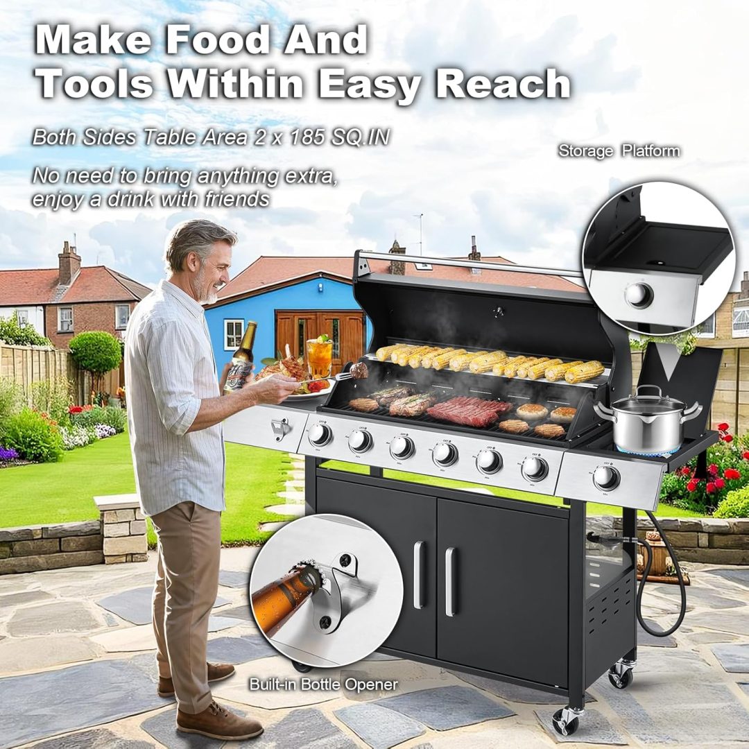 ZenVora 4-Burner Propane Gas Grill with Cast Iron Grates, Side Stove and 44,000 BTU Stainless Steel Burners