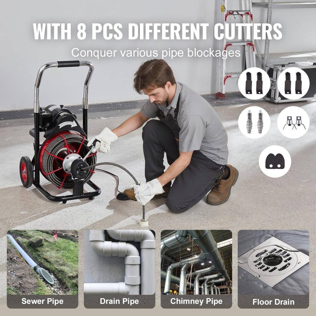 ZenVora 550W Drain Cleaning Machine, 100-Ft. x 1/2-Inch Sewer Snake Auger with 8 Cutters, Wheels and Foot Switch, for 2-4-Inch Pipes