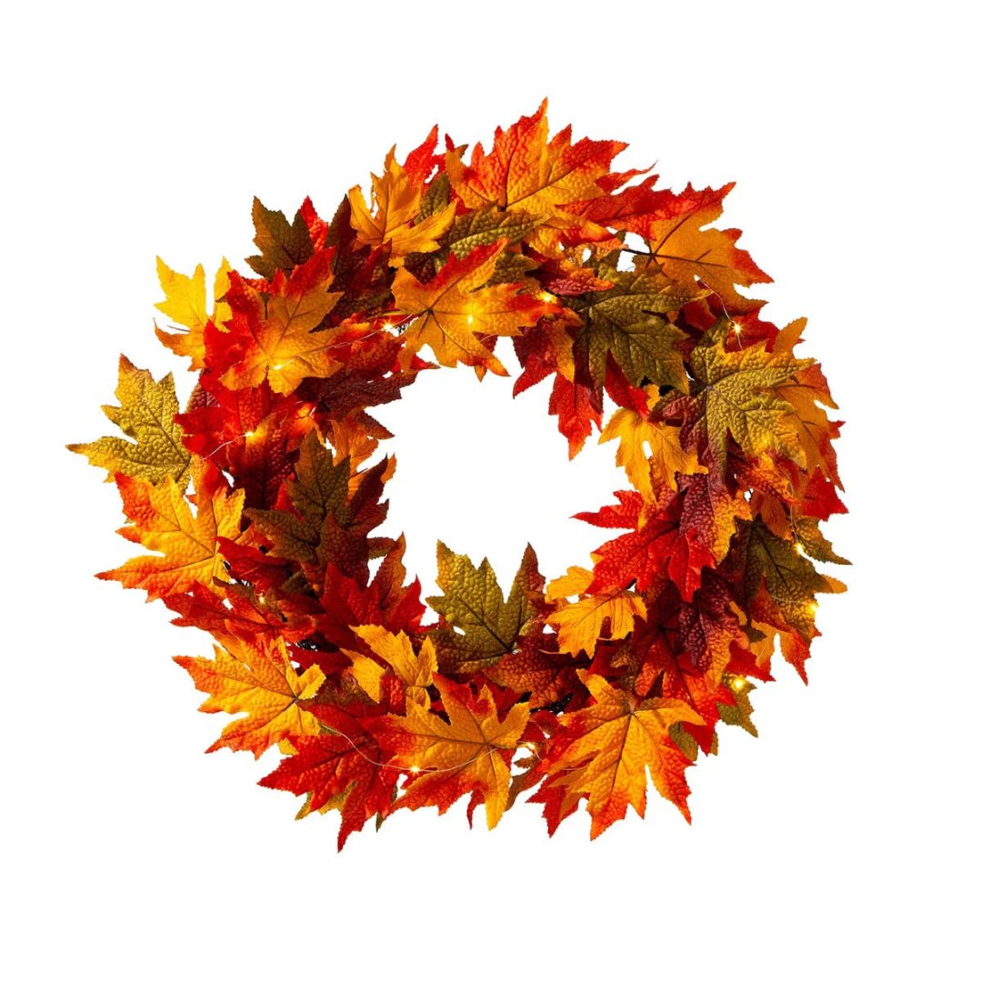 ZenVora Thanksgiving LED Lighted Fall Maple Leaf Wreath and Garland - Autumn Home Decor