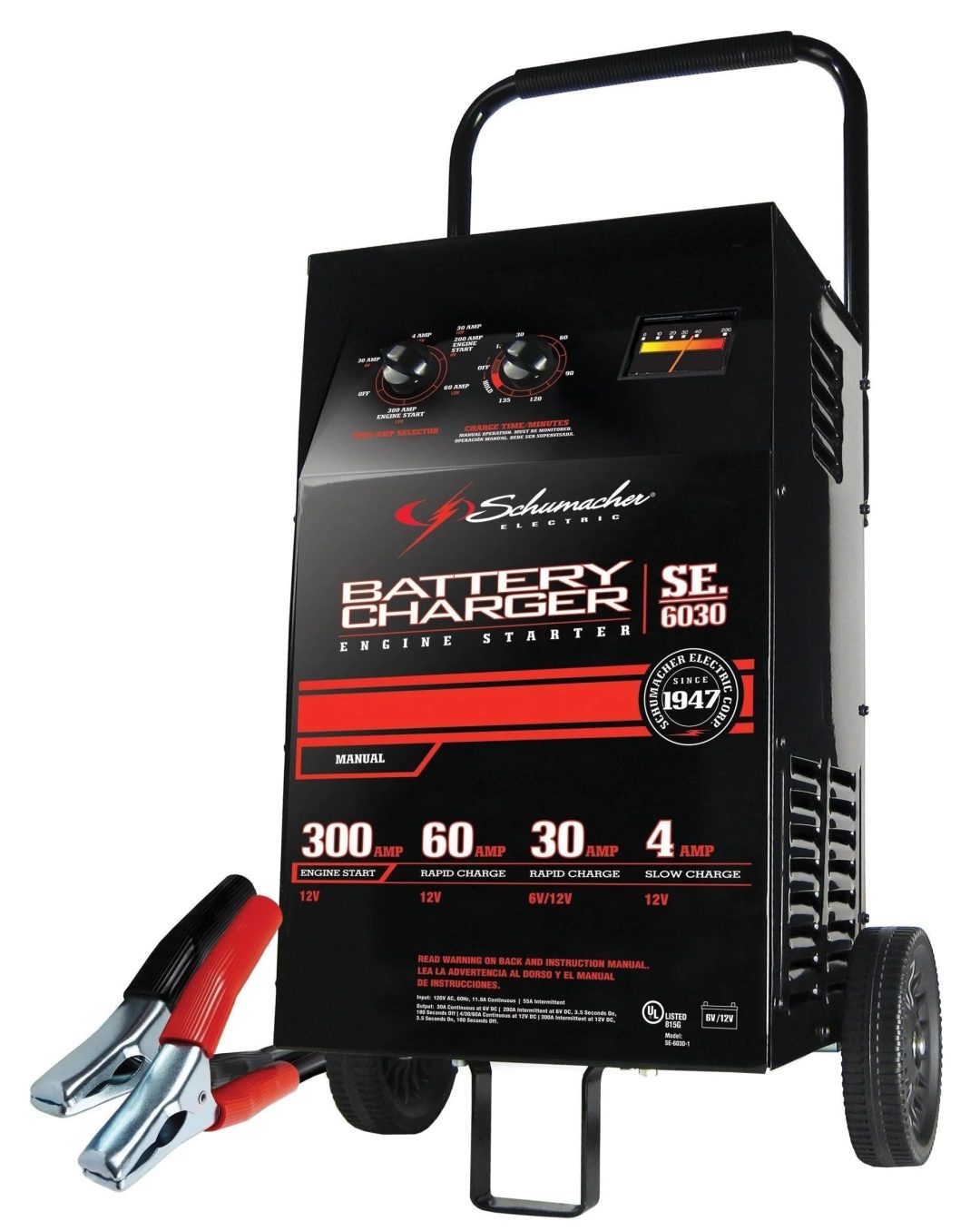ZenVora Wheeled Battery Charger and Engine Starter, 2-in-1, 300 Crank Amps, 6V/12V, Manual Timer