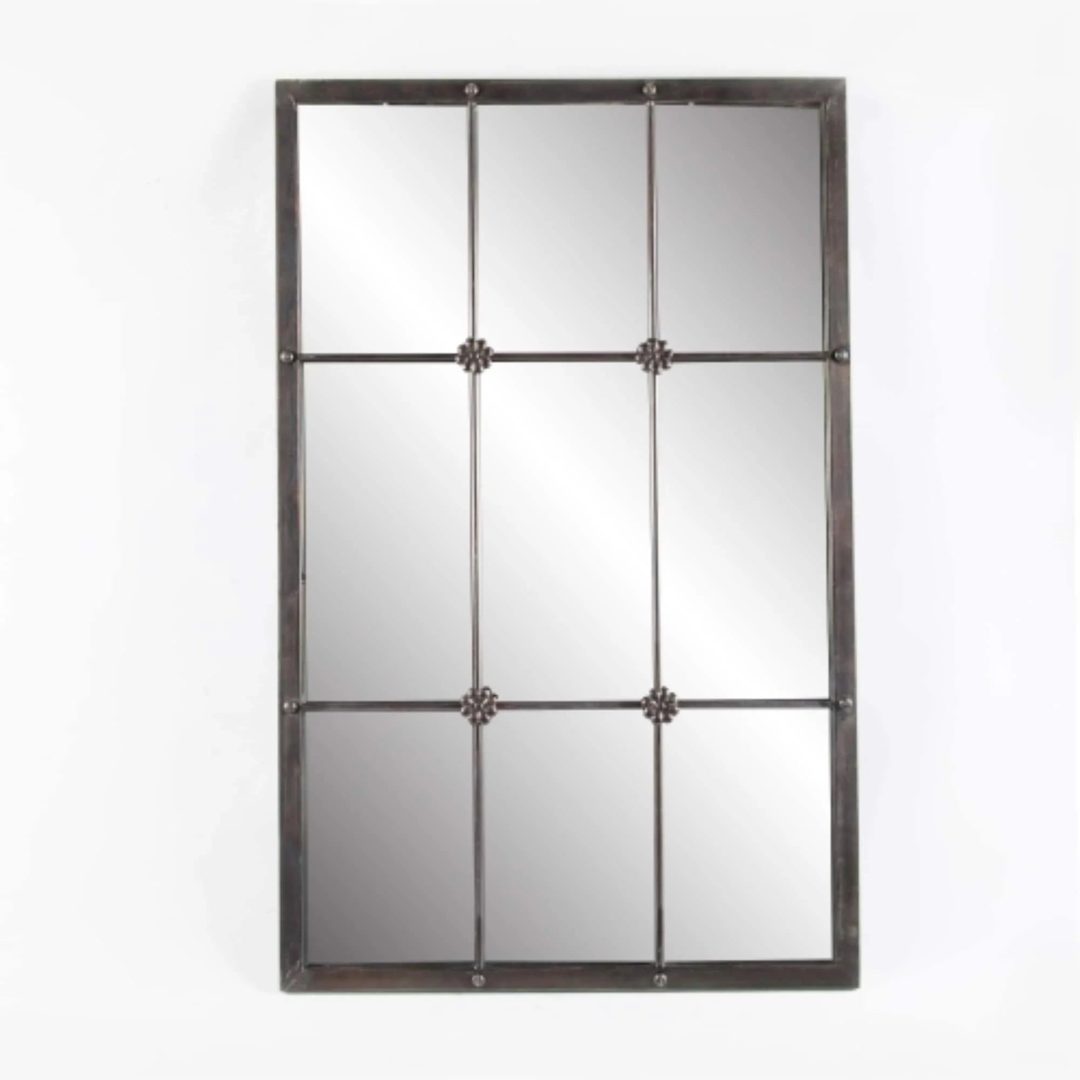 ZenVora Rustic Brown Windowpane Wall Mirror with Metal Frame, 37.75" H x 23.8" W