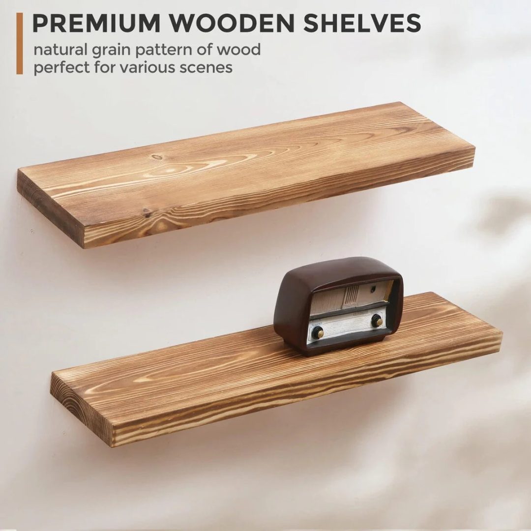 ZenVora Set of 2 Handcrafted European Pine Floating Wall Shelves, Natural Rustic Wood