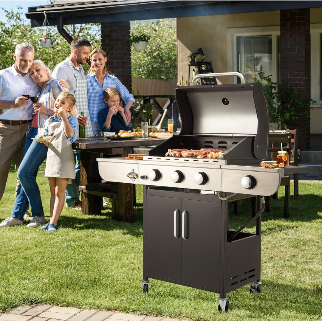 ZenVora 4-Burner Propane Gas Grill with Cast Iron Grates, Side Stove and 44,000 BTU Stainless Steel Burners